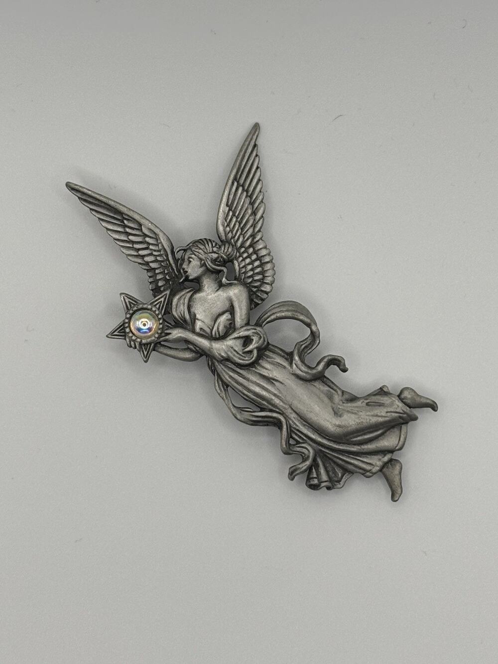 Vtg 80s Jonette Jewelry JJ Pewter Angel Brooch Art Nouveau Aurora Borealis